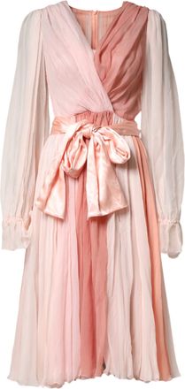 Dolce & Gabbana Pink Silk Tulle Long Sleeve V-neck Womens Dress