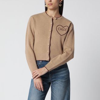 Chlo&eacute; Cardigan con logo in lana e cashmere marrone chiaro