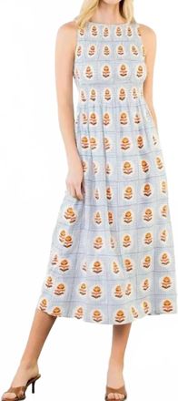 THML Clothing Sleeveless Smocked Pattern Midi Dress In Blue