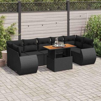 vidaXL Set De Sof&aacute;s De Jard&iacute;n Y Cojines 8 Piezas Rat&aacute;n Sint&eacute;tico Negro Vidaxl