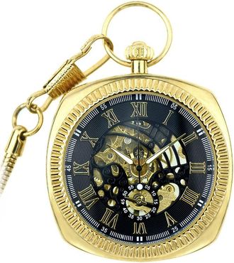 Infinity Leather Mechanical Silver Vintage Skeleton Square Open-Face Pocket Watch