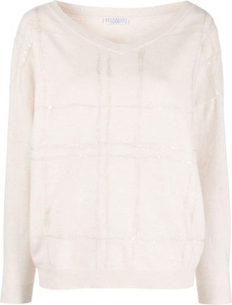 Brunello Cucinelli V-neck cashmere jumper - women - Polyester/Cashmere/Cotton - M - Neutrals