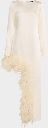 Sally Lapointe Feather-Trim Asymmetric Long-Sleeve Satin Dress