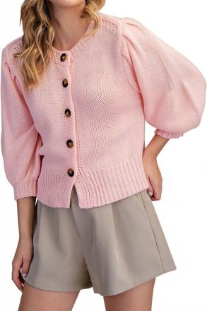 Glam Short Puff Sleeve Button Down Sweater In Pink