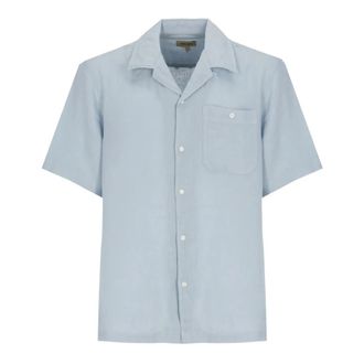 Woolrich S/S Linen Shirt - Heren - Korte mouwen Overhemden - Blauw - XL - Linnen - Overhemden