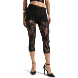 Mani&egrave;re De Voir Aimee Lace Asymmetric Capri Leggings in Black at Nordstrom, Size Xx-Large