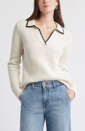Caslon Johnny Collar Cotton & Wool Sweater in Ivory Pristine at Nordstrom Rack, Size Xx-Small