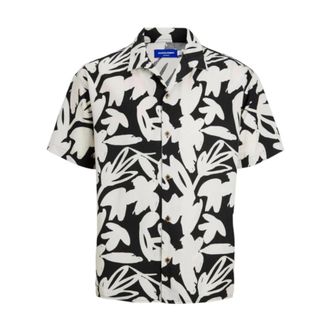 Jack & Jones Zwarte Cabana Shirt met Witte Print - Heren - Korte mouwen Overhemden - Zwart - L - Katoen - Overhemden
