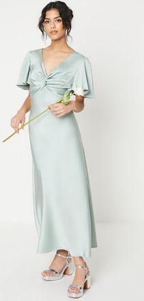 Oasis Womens Petite Satin Twist Angel Sleeve Midi Bridesmaids Dress - Sage Green - Size 14 UK