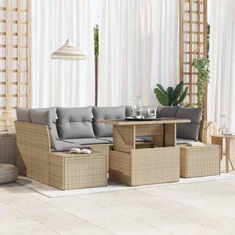 vidaXL Vidaxl - Conjunto De Sof&aacute; De Jard&iacute;n Con Coj&iacute;n 7 Pcs Beige, Gris Claro