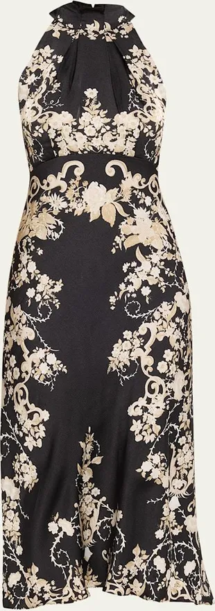 Michelle Floral Satin Draped Halter Midi Dress