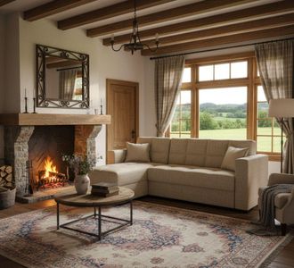 Dmora Sof&aacute; Cama Ddajca, Sof&aacute; Cama Rinc&oacute;n Con Pen&iacute;nsula Reversible, Sof&aacute; Contenedor Para Sal&oacute;n Con Chaiselongue Y 2 Cojines, 230x150h81 Cm, Beige - Dmora