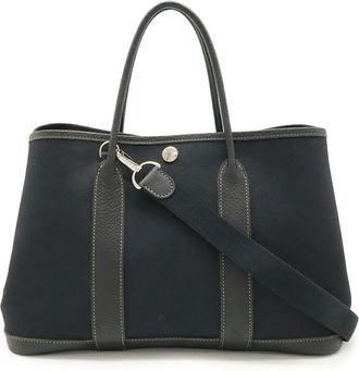 Herm&egrave;s Garden Black Toile Officier Leather Handbag Shoulder Bag Tote Bag (Pre-Owned)