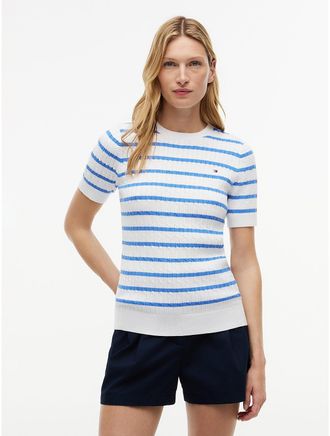 Tommy Hilfiger Womens Short-Sleeve Cable Knit Sweater - White - XXL