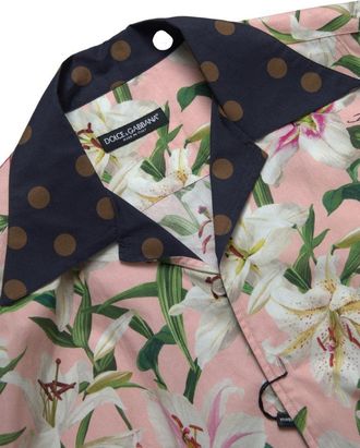 Dolce & Gabbana Mens Cotton Polka Dot Lily Print Collared Shirt Pink