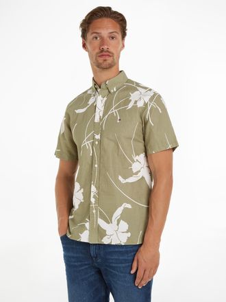 Tommy Hilfiger Kurzarmhemd TOMMY HILFIGER LARGE TROPICAL PRT SHIRT, Herren, Gr. S, N-Gr, gr&uuml;n (faded olive, optic wei&szlig;), Web, Obermaterial: 56% Baumwolle, 44% Leinen