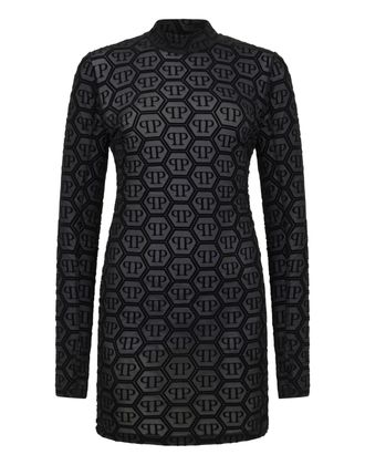 Philipp Plein Tulle Long-Sleeved Mini Dress Monogram Jacquard