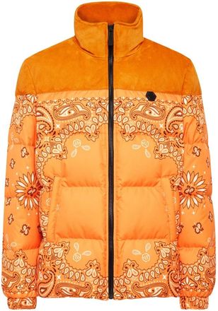 Philipp Plein Jassen, Heren, Oranje, S, Nylon, Nylon en Suède Donsjas Paisley Bandana