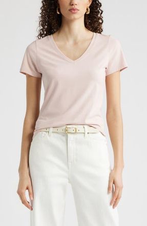 Nordstrom Everyday V-Neck Pima Cotton Blend T-Shirt in Pink Smoke at Nordstrom, Size Xx-Small