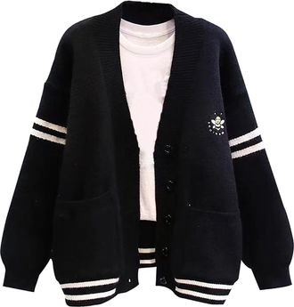 Generic Womens Casual Style Embroidered Sweater Striped Knitted Cardigan Jacket Oversized Open Front Sweaters for Women (Black, One Size)