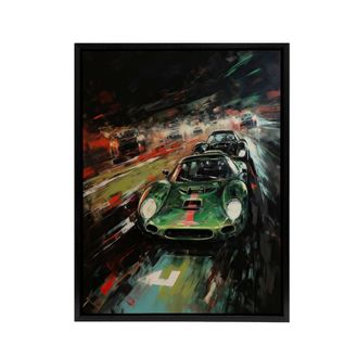 Artery8 Classic Sports Car Night Race Racing Framed Canvas Wall Art Print in Black | Size: W24 x H32