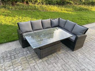 Fimous PE Rattan Corner Garden Furniture High Back Sofa Set Adjustable Rising Table 6 Seater in Dark Grey