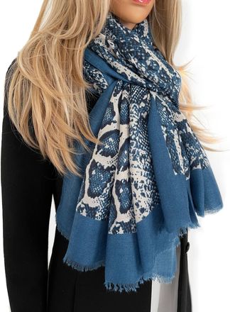 The Accessory Co. Large Snakeskin Scarf for Women, Ladies Leopard Print Stripe, Animal Shawl Wrap, Lightweight Scarves, Blue Orange Grey Brown (Blue)