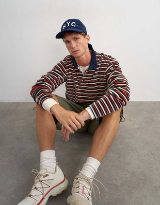 Topman Polo comoda taglio corto in velour blu navy a righe
