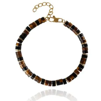 Lucky Brand Mens Tiger Eye Heishi Bead Bracelet, Gold-Tone Accents, Adjustable in Brown at Nordstrom