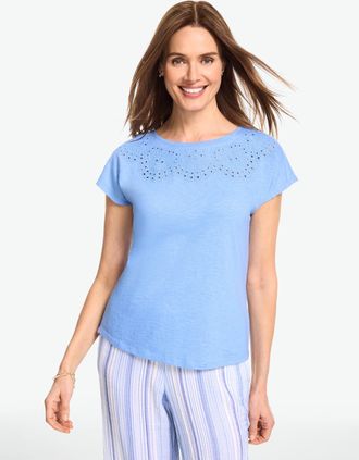 Talbots Plus Petite - Eyelet Seashell T-Shirt - Vista Blue - 1X - 100% Cotton Talbots