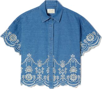 MC2 Saint Barth Cropped Shirt with Classic Collar and Floral Embroidery