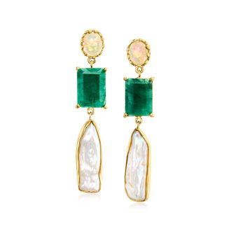Ross-Simons Opal, 8x26mm Cultured Baroque Pearl and Emerald Drop Earrings in 18kt Gold Over Sterling