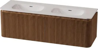 Royal Plaza Terra Edge Badkamermeubelset - 140x44.7x46cm - solid surface wastafel wit mat - 2 wasbakken - 2 kraangaten - 2 lades - sandwood (licht eiken)