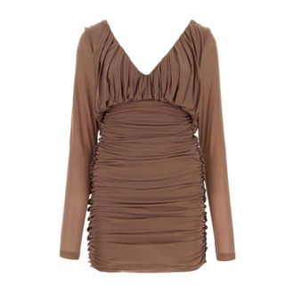 Saint Laurent Jersey Ruched Long Sleeve Mini Dress - female - Saint Laurent - Party Dresses - Brown - S - Dresses