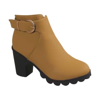 Generic Women Shoes Thick High Heel Boots Leather Boots Fashion Thick Heel Women Boots Breathable Round Toe Short Boots Features: Boots for Rain (Brown, 5.5)