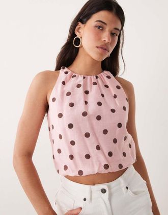 Forever New Top allacciato al collo con fondo a palloncino rosa a pois in coordinato