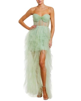 Mac Duggal Strapless Bustier Net Gown With Spiral Ruffles