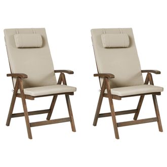Beliani Conjunto De 2 Sillas De Jard&iacute;n R&uacute;sticas De Madera De Acacia Natural Ajustables Plegables Con Reposabrazos Cojines Gris Pardo Amantea Premium