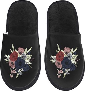 Generic Fuzzy Slippers Hand Painted Bouquet Fluffy Slippers Plush Comfy Slides For Indoor Spa Travel L