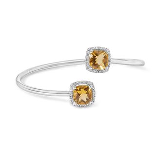 House of Brilliance Sterling Silver Cushion Cut Yellow Citrine Gemstone and Diamond Accent Split Bypass Bangle Bracelet