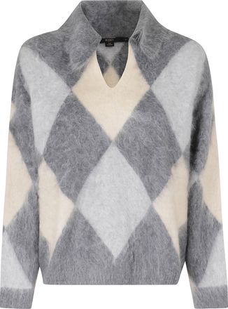Seventy Gray Intarsia Rombi Diamond-Pattern Cashmere Polo Sweater