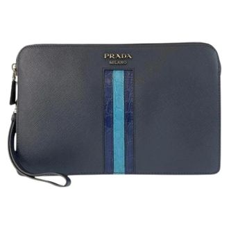 Prada Pre-owned Saffiano Leren Krokodillen Clutch - Heren - Pre-owned - Blauw - Maat: ONE Size Leer