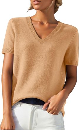 Generic Knitted Jumpers for Women Short Sleeve Jumper Soft V-Neck T-Shirt Sweaters Cable Knit Elegant Jumper Spring Wool Blend Sweatshirt Pullover Top Outfits