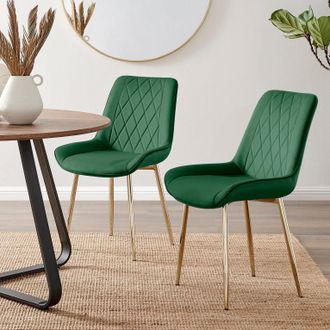 Furniturebox Set of 2 Pesaro Luxury Soft Touch Diamond Pattern Velvet Dining Chairs With Gold Chrome Metal Legs in Green