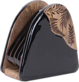 Melrose International Floral Etched Wood Coaster with Holder (Set of 5) - Black, Brown