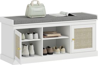OEM Banco Zapatero Con Puertas Frentes De Rat&aacute;n Estantes Ajustables Y Abiertos Para Entrada Dormitorio 105x35x47 Cm Blanco