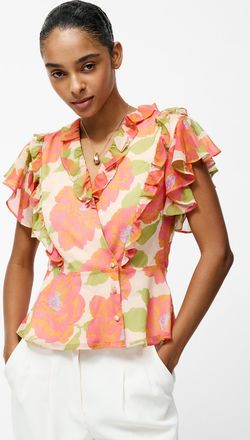 French Connection Womens Orange Floral Print Ruffle Wrap Over Crinkle Blouse - Size 10 UK