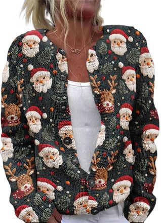 Generic Christmas Womens V-Neck Button Cardigan - Casual Knitted Long Sleeve Sweater Printed Cardigan (UK, Alpha, XL, Regular, Regular, 14)