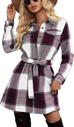 Feoya Womens Long Plaid Shacket Flannel Check Coat Button Up Checked Jacket Warm Turn Down Collar Tartan Shacket with Pockets Belt Winter Autumn Wool Blend 