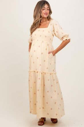 Pinkblush Floral Smocked Puff Sleeve Maxi Dress in Cream at Nordstrom, Size Medium